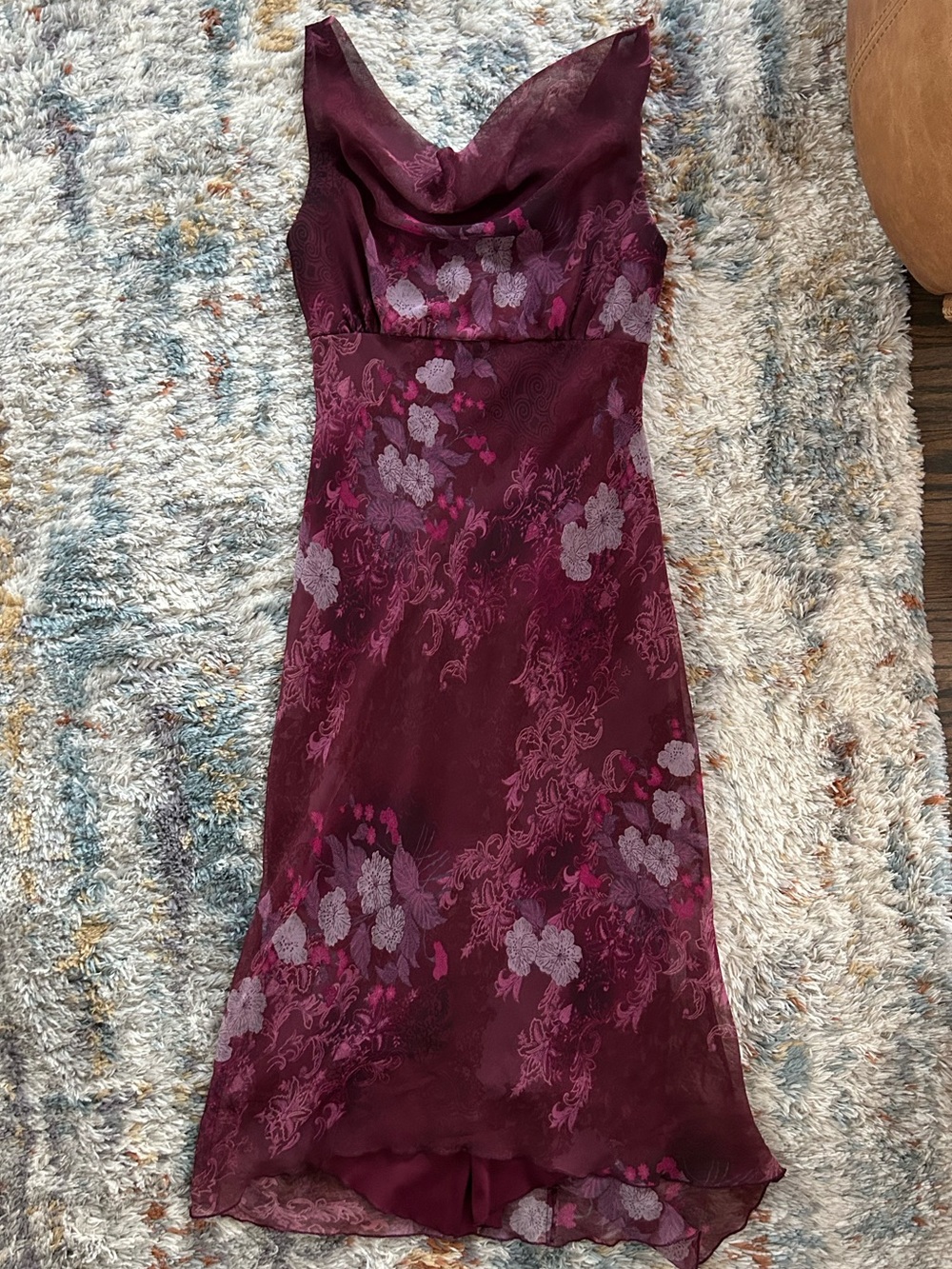 B. Smart Burgundy Floral Cowl Neck Midi Dress